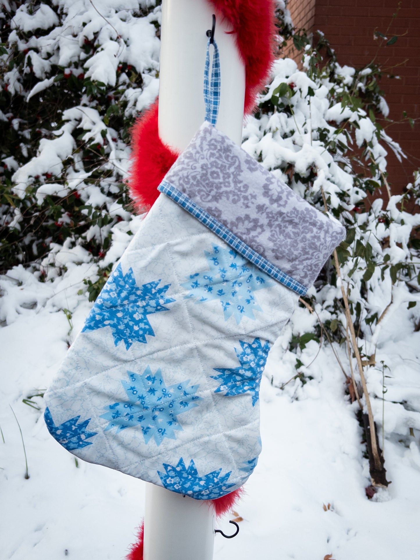 Quilted reversible blue and grey fleece stocking