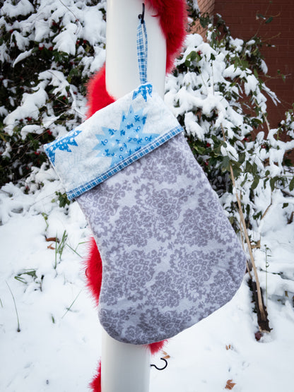 Quilted reversible blue and grey fleece stocking