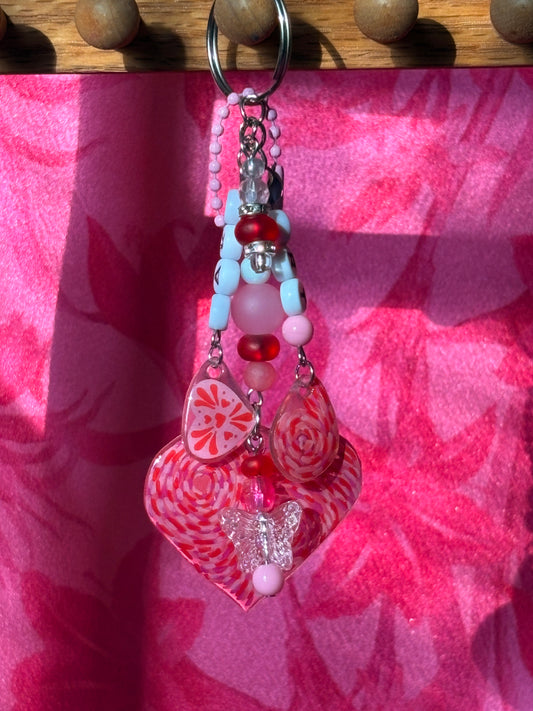 Hand painted swirly heart beaded bag charm